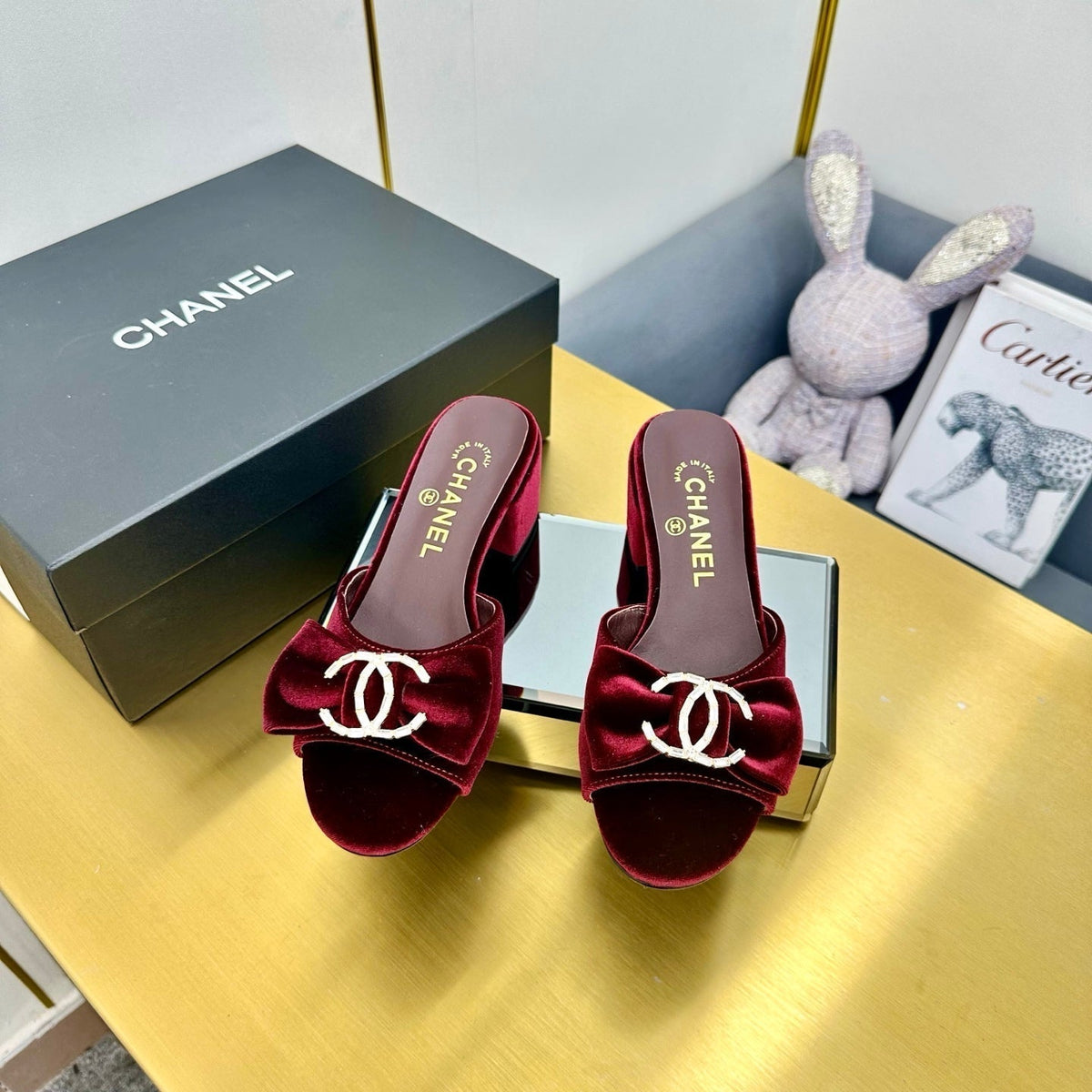 BOWKNOT RHINESTONES MID HEEL MULE IN GARNET RED VELVET