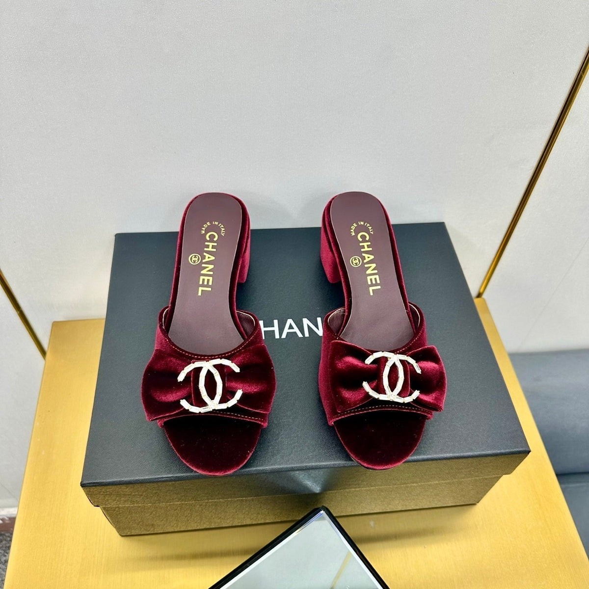 BOWKNOT RHINESTONES MID HEEL MULE IN GARNET RED VELVET