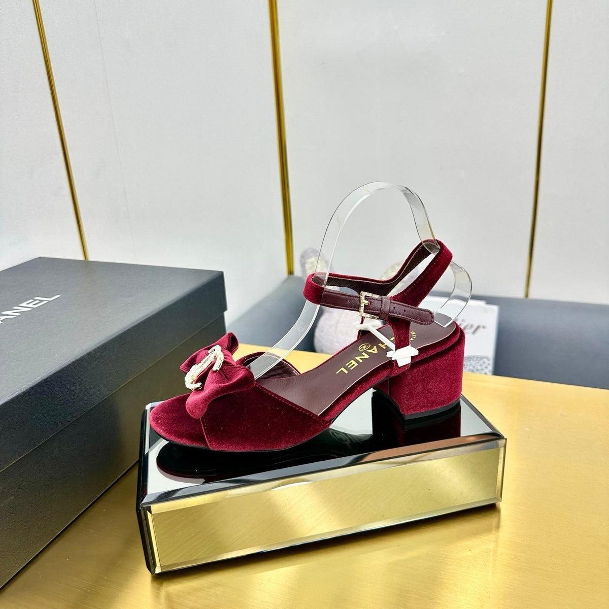 BOWKNOT RHINESTONES MID HEEL SANDAL IN GARNET RED VELVET
