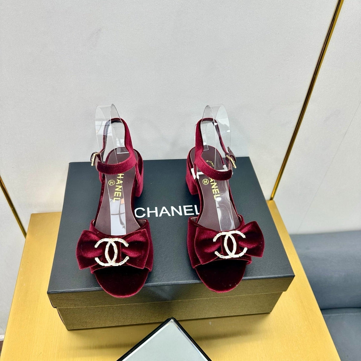 BOWKNOT RHINESTONES MID HEEL SANDAL IN GARNET RED VELVET