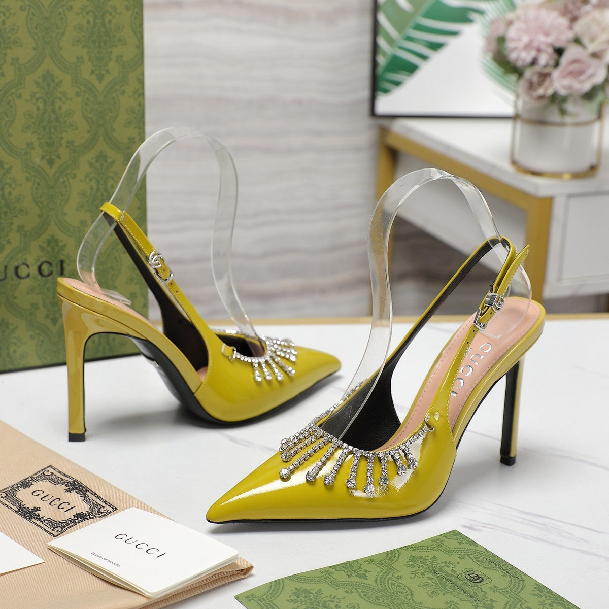 GG CRYSTAL HIGH HEEL SANDAL LEMON LAMBSKIN