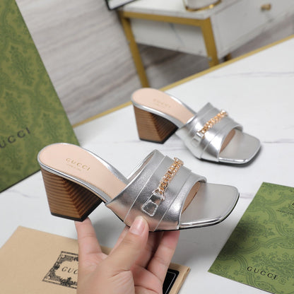 GG High Heels Half Slippers Silver