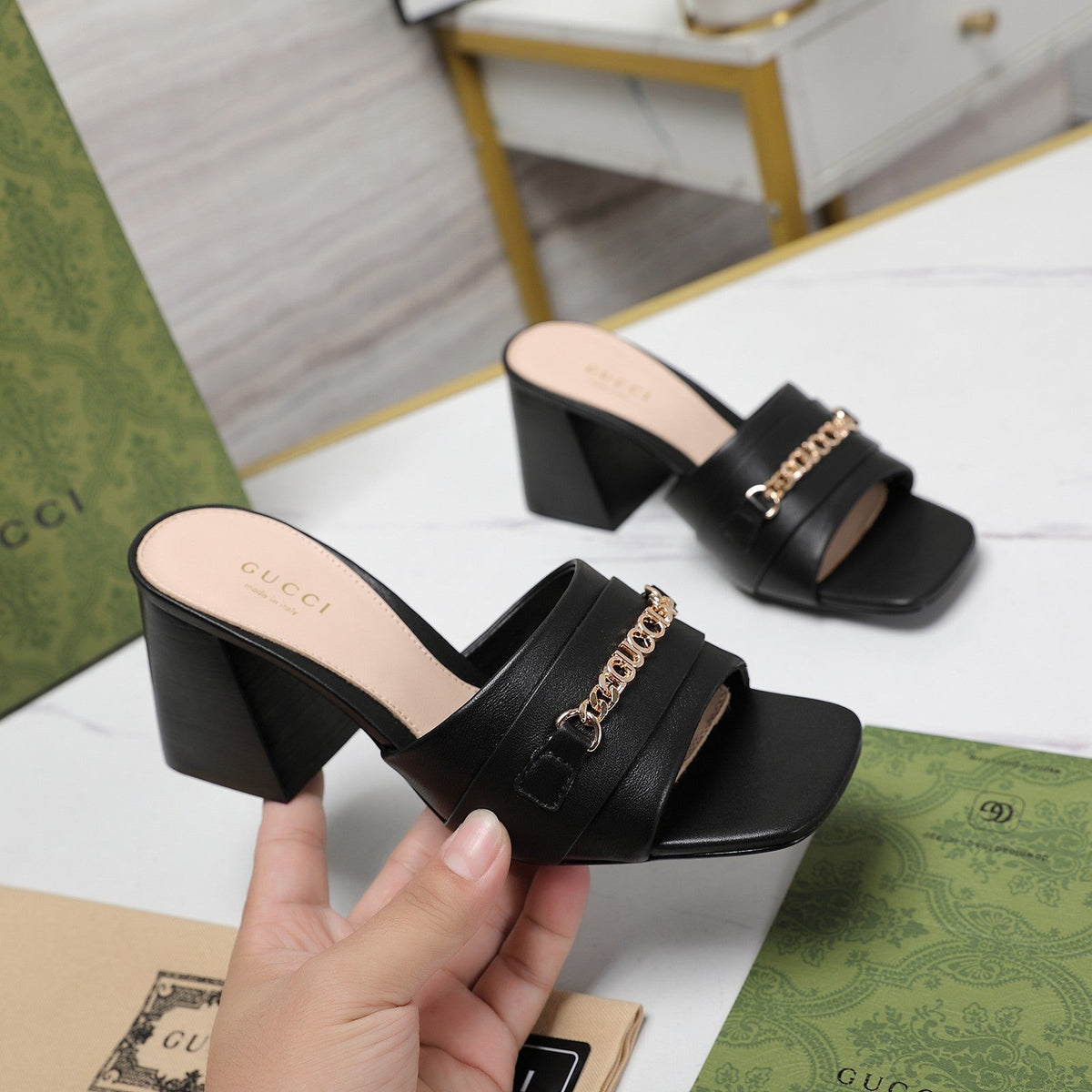 GG High Heels Half Slippers Black