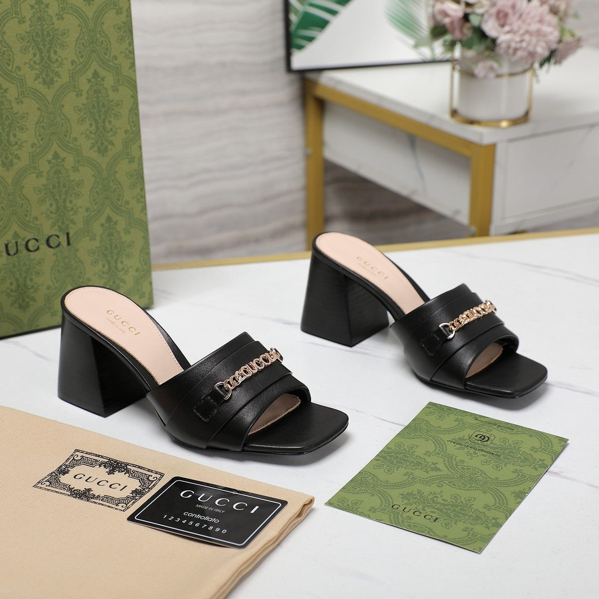 GG High Heels Half Slippers Black