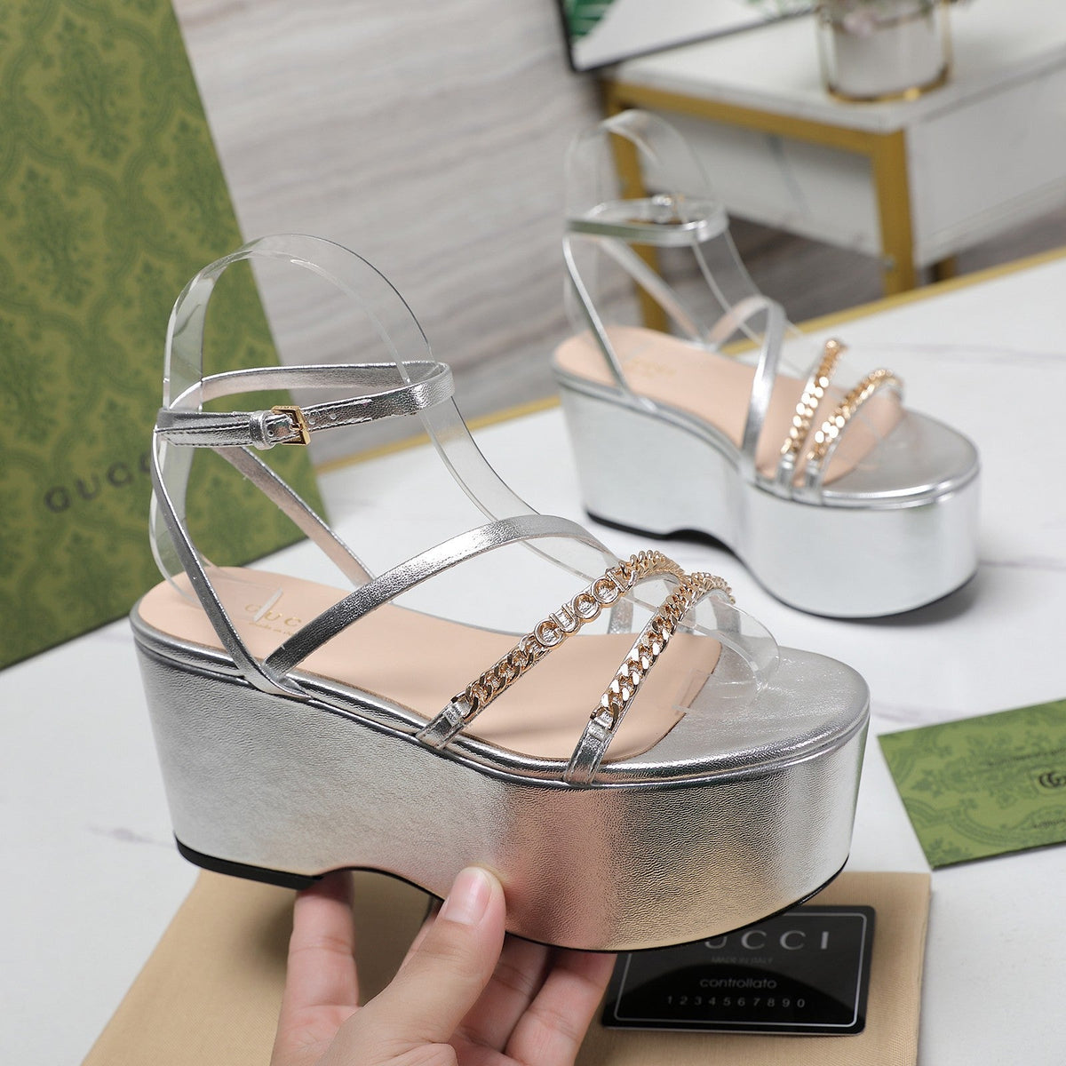 WEDGE PLATFORM IN SILVER SHEEPSKIN