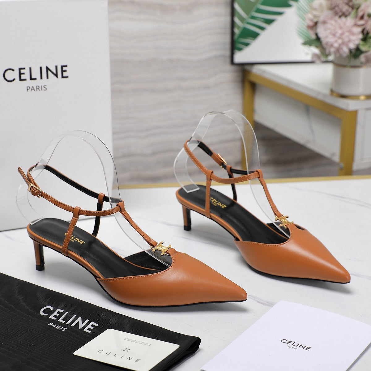 HIGH 5 CM SLINGBACK IN CINNAMON BROWN CALFSKIN WITH GOLD LOGO