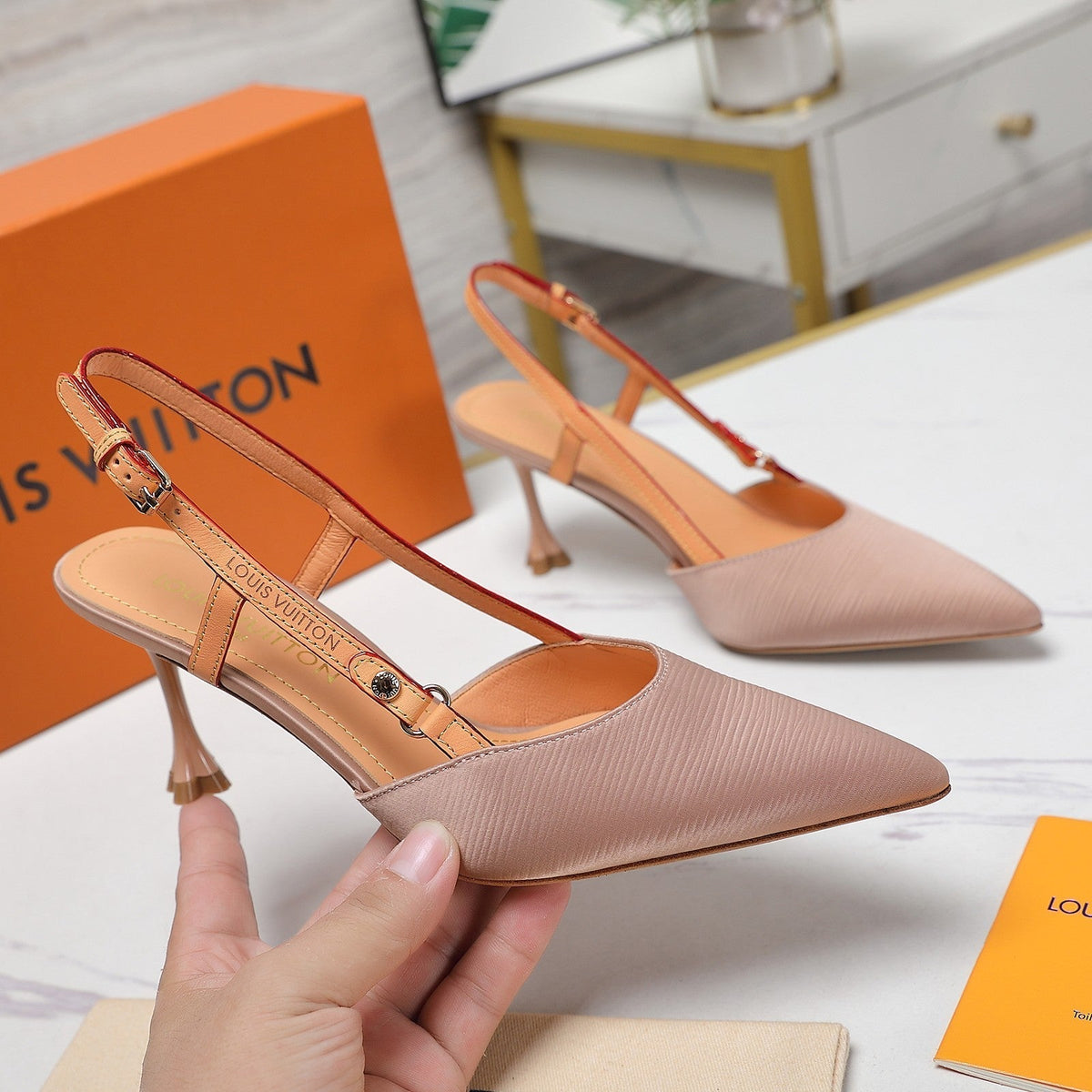 LV WOMEN BLOSSOM SLINGBACK PUMP IN NUDE BEIGE EMBROIDERED FABRIC
