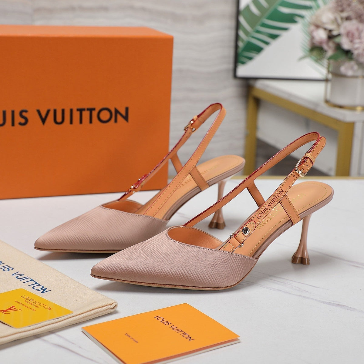 LV WOMEN BLOSSOM SLINGBACK PUMP IN NUDE BEIGE EMBROIDERED FABRIC