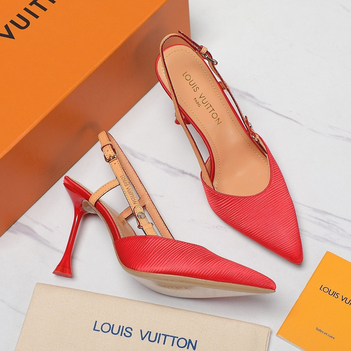 LV WOMEN BLOSSOM SLINGBACK PUMP IN CHERRY RED EMBROIDERED FABRIC