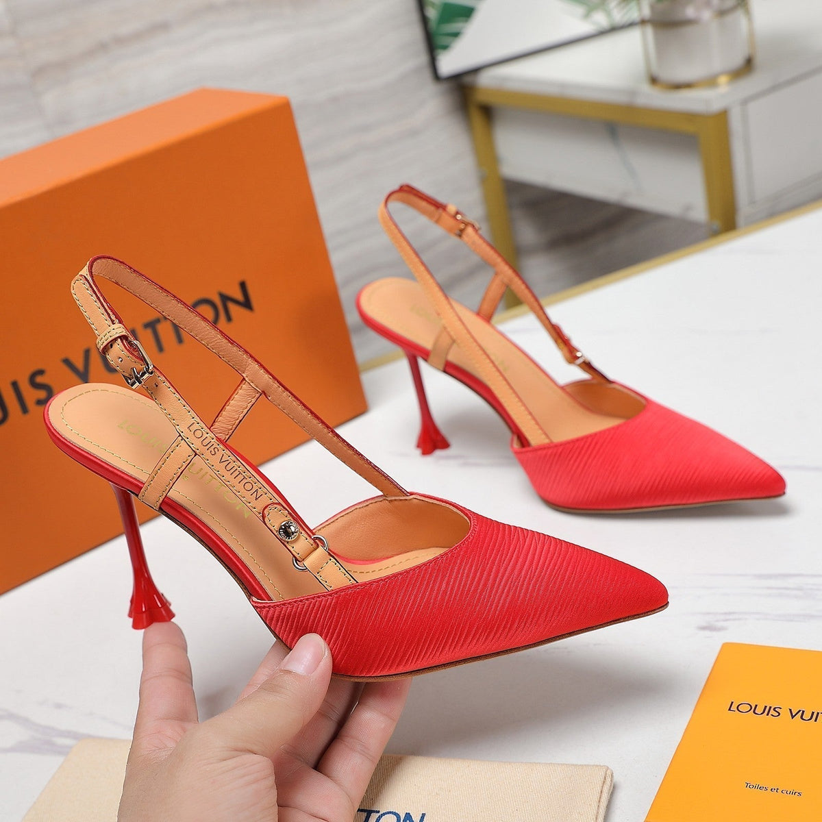 LV WOMEN BLOSSOM SLINGBACK PUMP IN CHERRY RED EMBROIDERED FABRIC