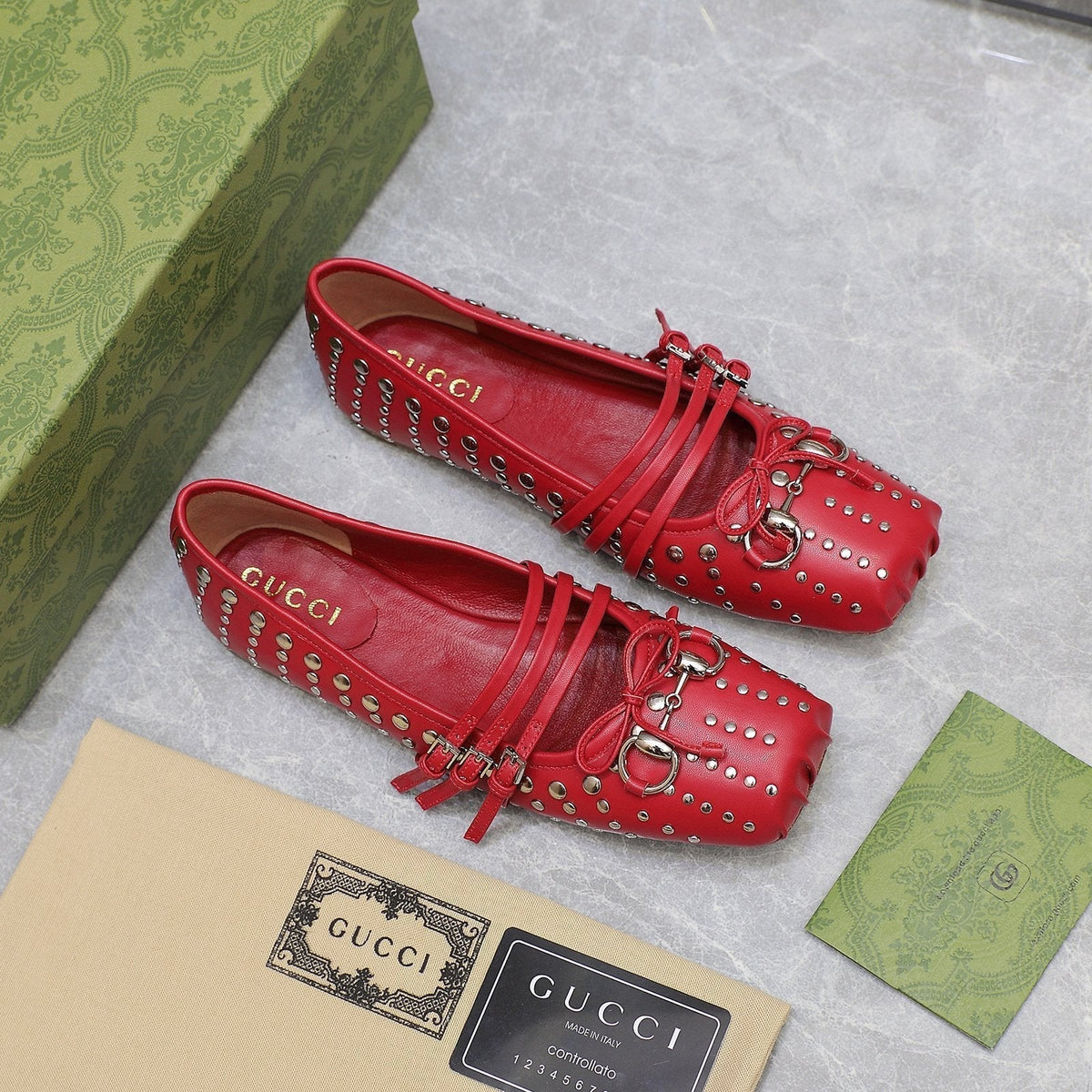 GG HORSEBIT BALLET FLAT RED HORIZONTAL STRAPS LAMBSKIN