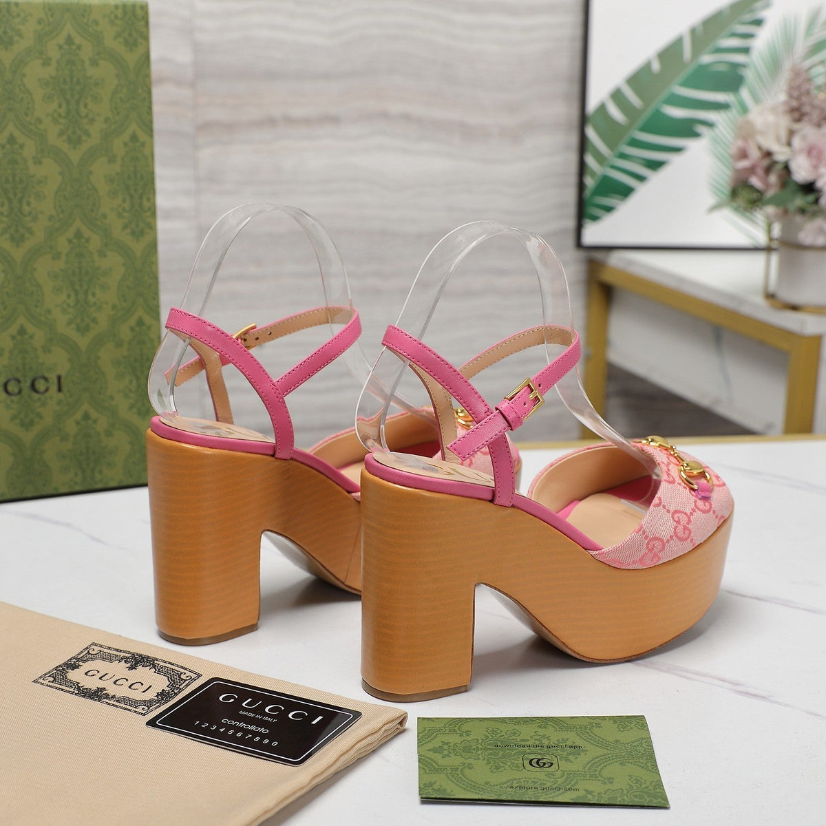 GG HORSEBIT WEDGE SANDAL IN PINK MONOGRAM JACQUARD FABRIC AND SHEEPSKIN LINING