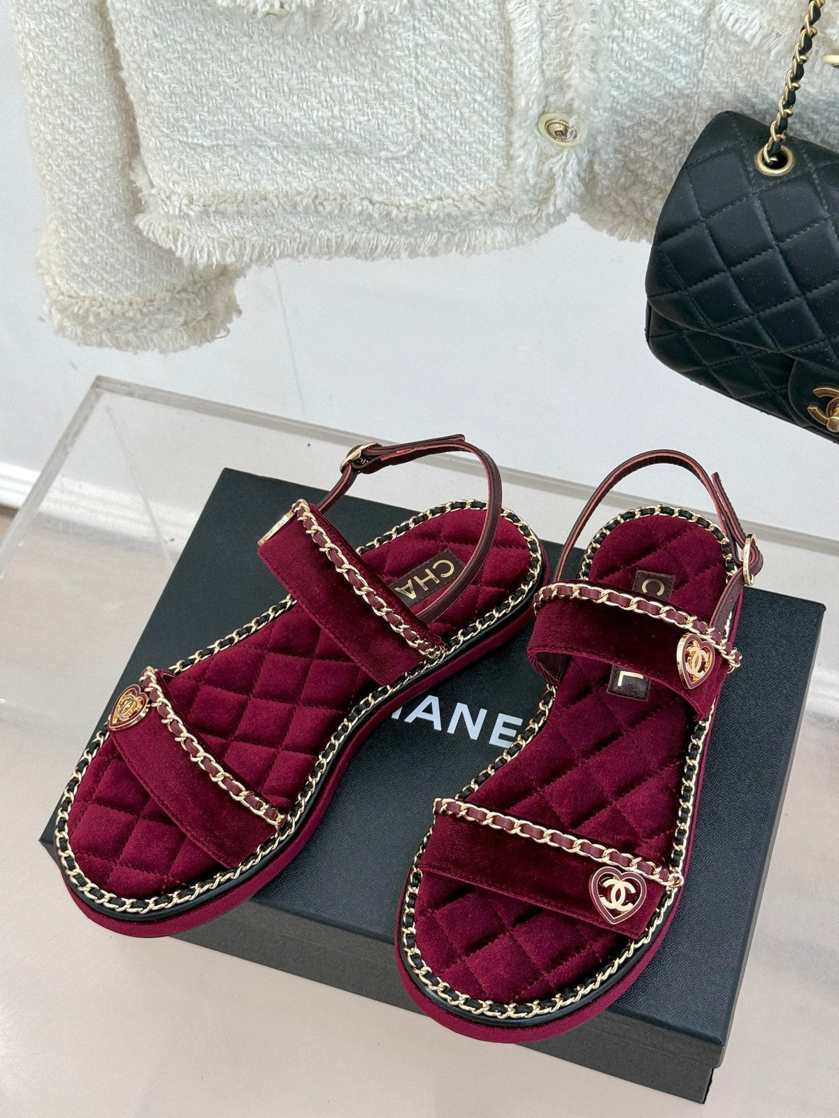 FLAT CHAIN HEART SANDAL IN PLUM PURPLE VELVET