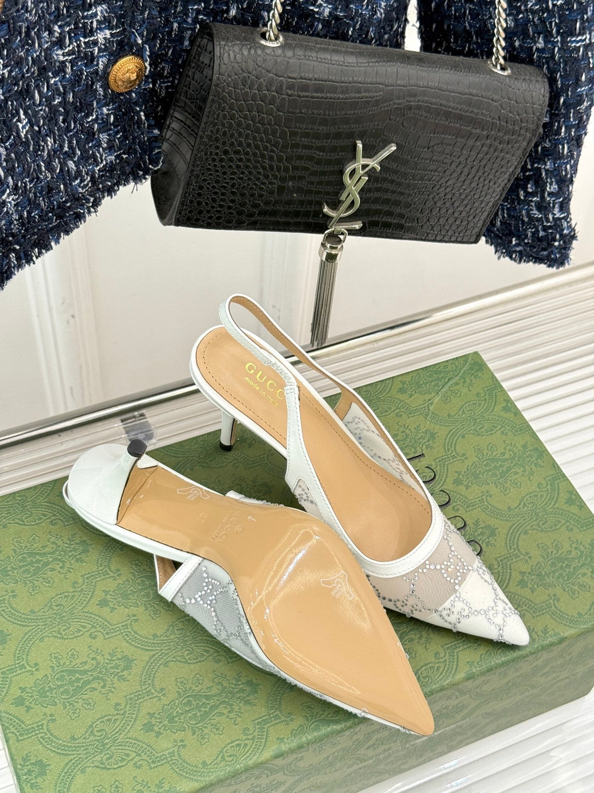 GG HIGH SLINGBACK 8.5 CM IN WHITE CLASSIC POINTED-TOE MESH WITH RHINESTONE EMBELLISHMENTS