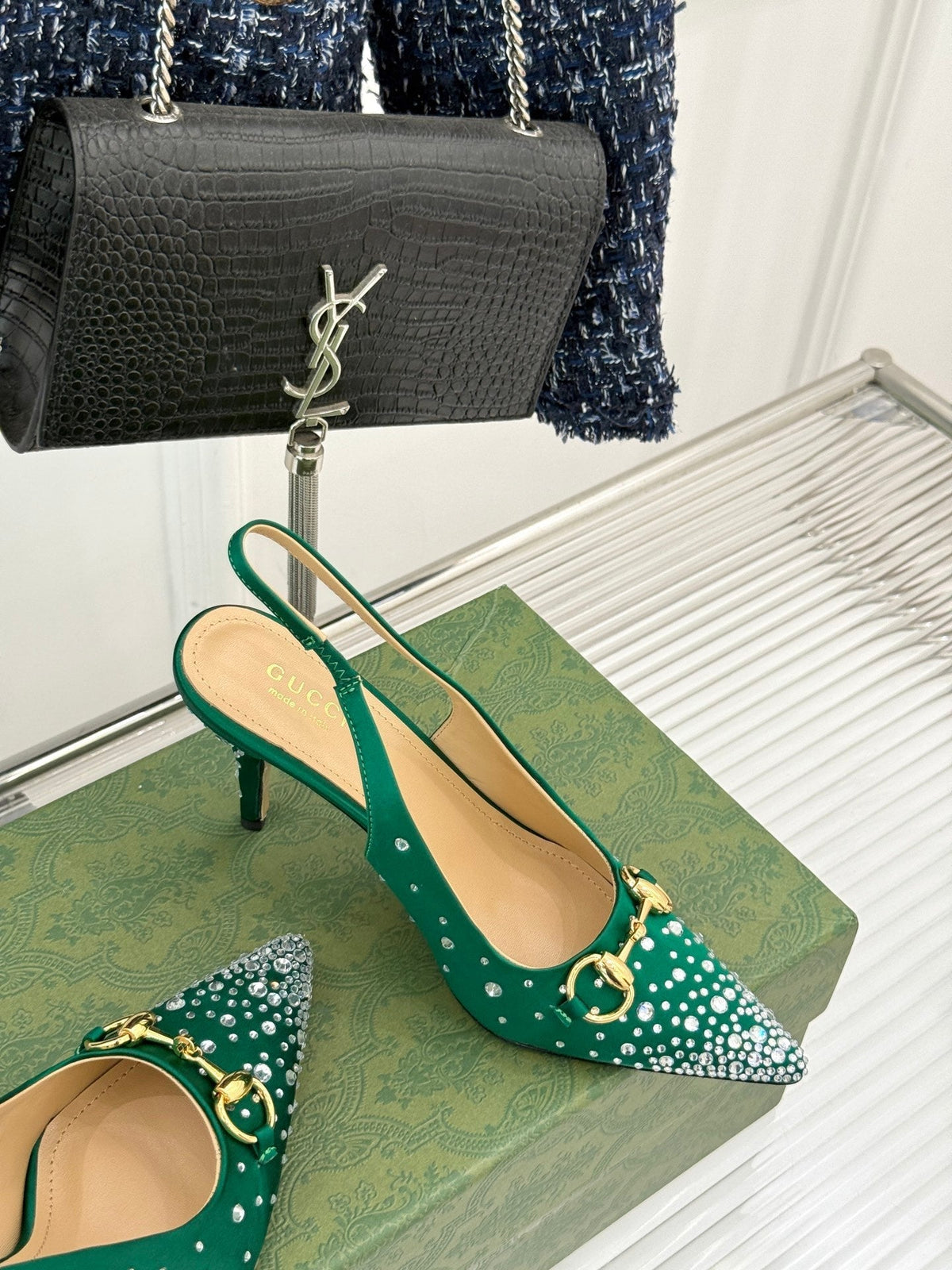 HIGH SLINGBACK 8.5 CM IN GREEN FABRIC WITH RHINESTONE EMBELLISHMENTS