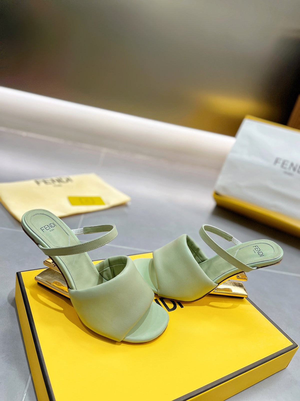 FENDI BAGUETTE HIGH-HEEL SANDALS 8 CM IN MINT GREEN CALFSKIN