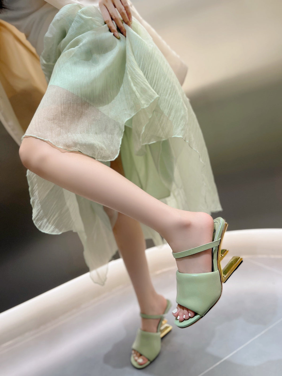 FENDI BAGUETTE HIGH-HEEL SANDALS 8 CM IN MINT GREEN CALFSKIN