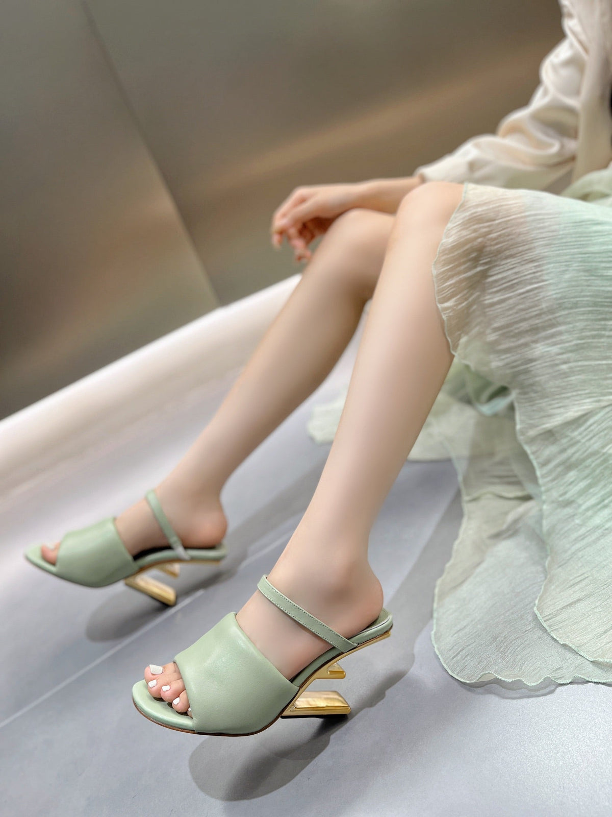 FENDI BAGUETTE HIGH-HEEL SANDALS 8 CM IN MINT GREEN CALFSKIN