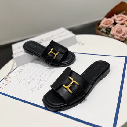 MARCIE SLIDE IN BLACK CALFSKIN WITH GOLD HARDWARE