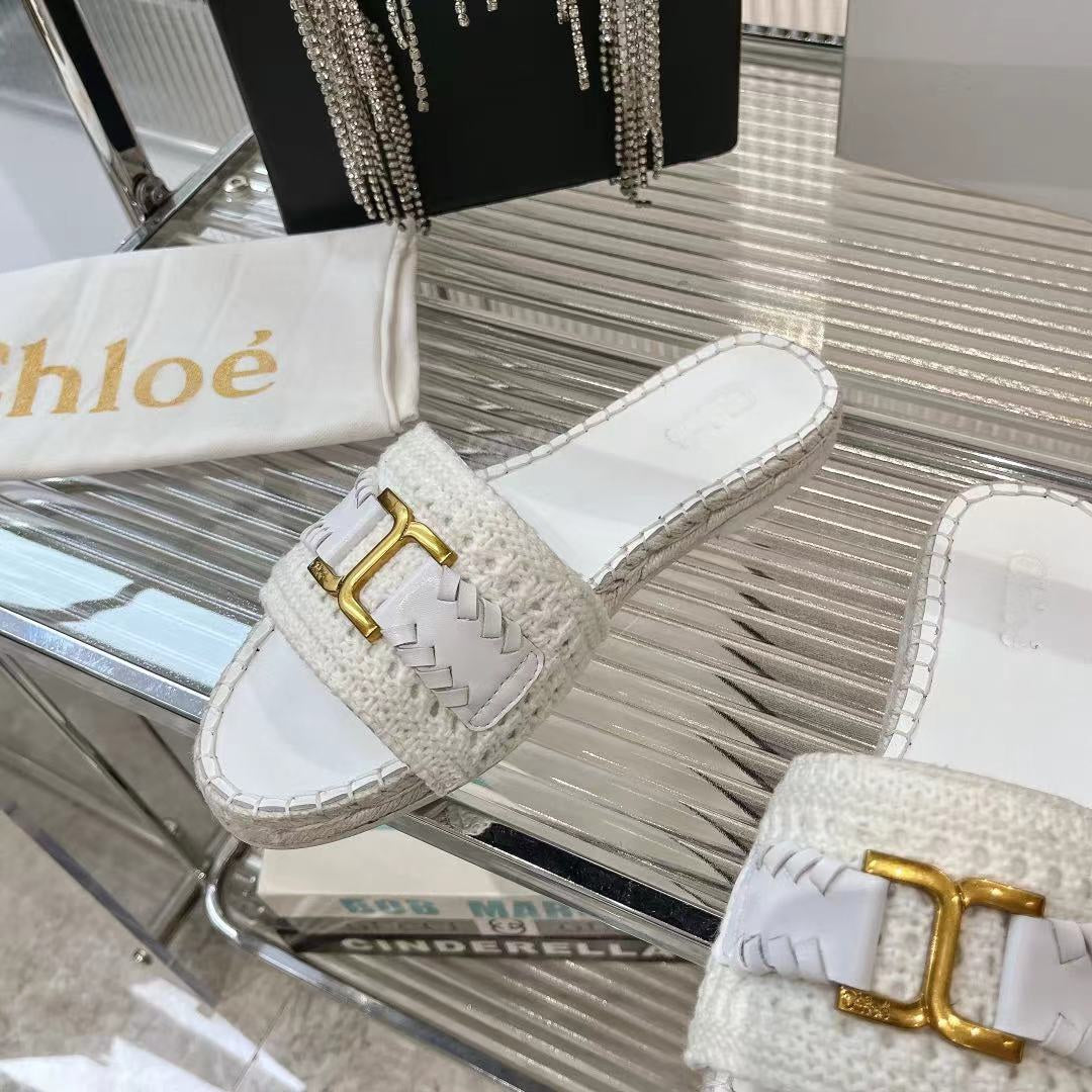 WOVEN SLIPPER IN WHITE WOOL AND LAMBSKIN GOLD HARDWARE