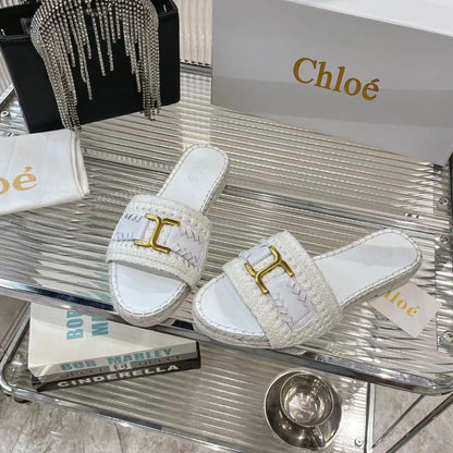 WOVEN SLIPPER IN WHITE WOOL AND LAMBSKIN GOLD HARDWARE