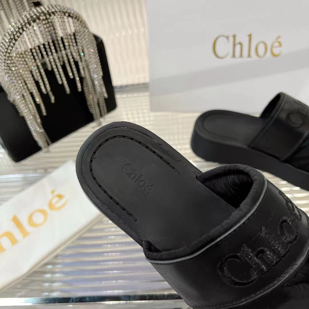 MILA FLAT SLIDES 5 CM IN BLACK CALFSKIN AND RE-NYLON