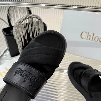 MILA FLAT SLIDES 5 CM IN BLACK CALFSKIN AND RE-NYLON