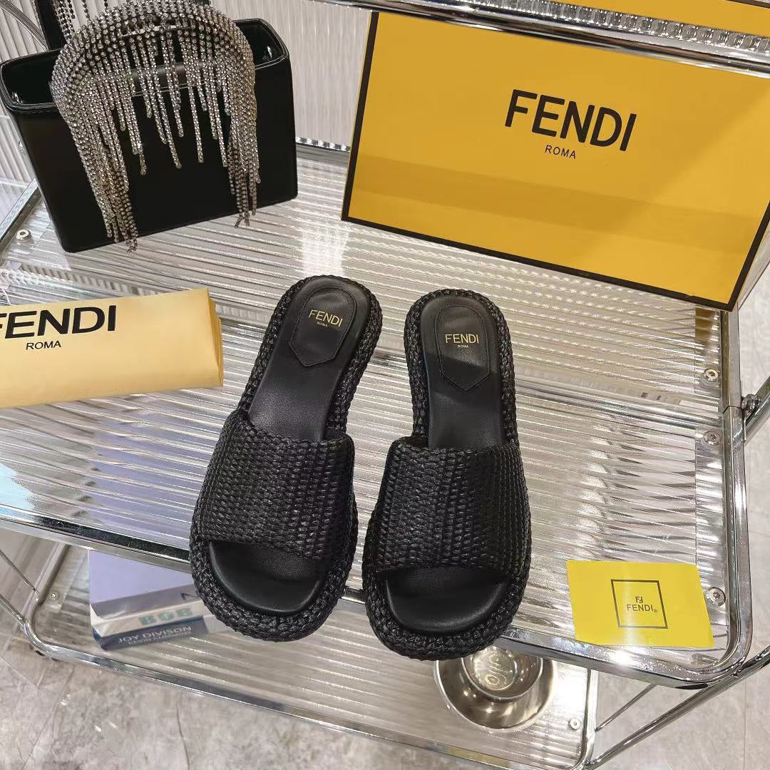FENDI BAGUETTE SLIDES WOMEN IN BLACK RAFFIA