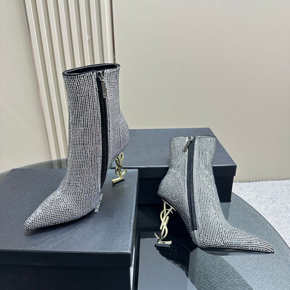 SL OPYUM GLITTER HEELED BOOT BLACK CALFSKIN
