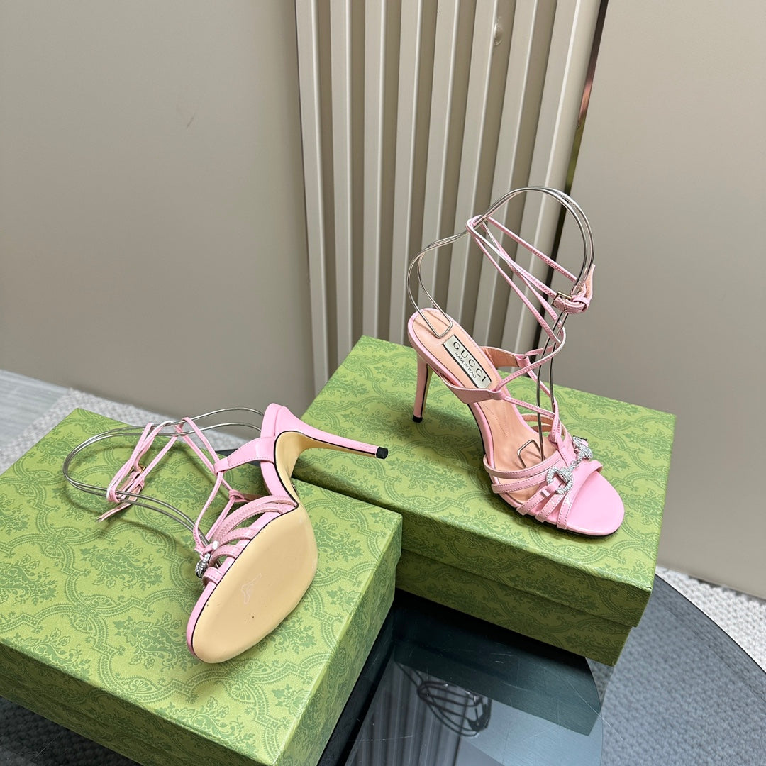 CRYSTAL HORSEBIT STRAPPY SANDAL 10.5CM IN LIGHT PINK PATENT LEATHER