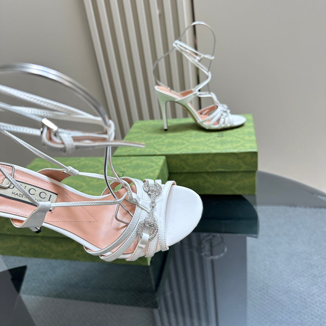 CRYSTAL HORSEBIT STRAPPY SANDAL 10.5CM IN WHITE PATENT LEATHER