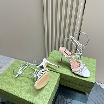 CRYSTAL HORSEBIT STRAPPY SANDAL 10.5CM IN WHITE PATENT LEATHER