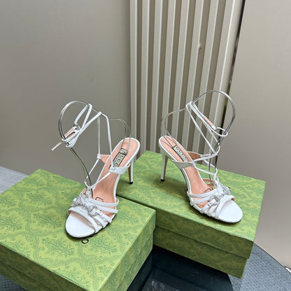 CRYSTAL HORSEBIT STRAPPY SANDAL 10.5CM IN WHITE PATENT LEATHER
