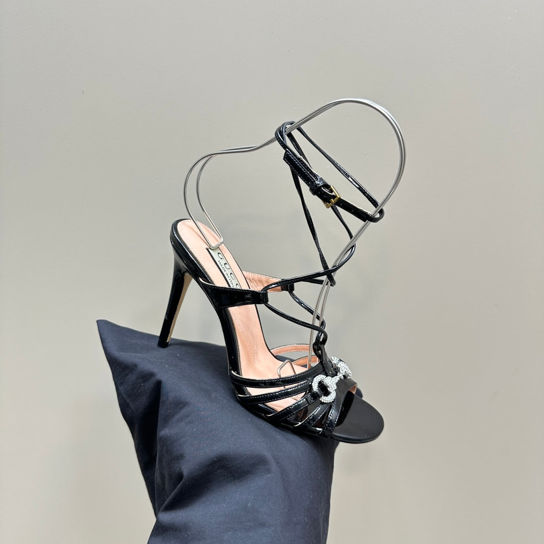 CRYSTAL HORSEBIT STRAPPY SANDAL 10.5CM IN BLACK PATENT LEATHER