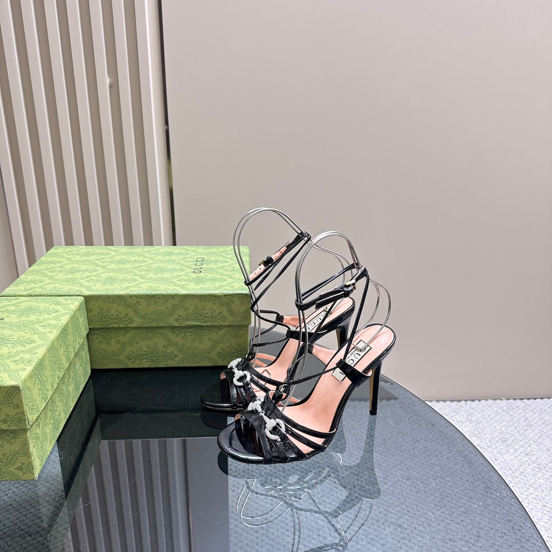 CRYSTAL HORSEBIT STRAPPY SANDAL 10.5CM IN BLACK PATENT LEATHER
