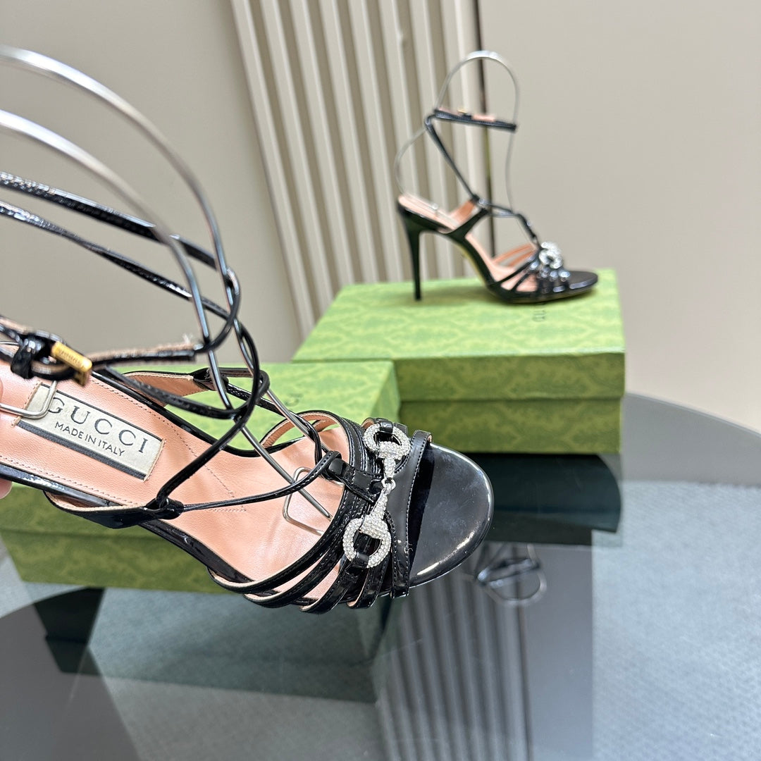 CRYSTAL HORSEBIT STRAPPY SANDAL 10.5CM IN BLACK PATENT LEATHER