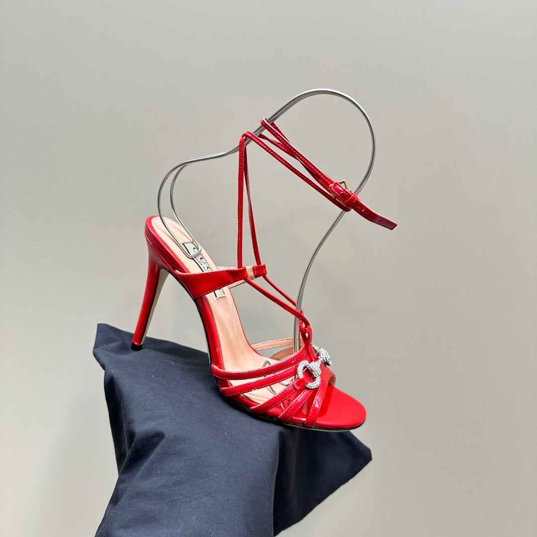 CRYSTAL HORSEBIT STRAPPY SANDAL 10.5CM IN RED PATENT LEATHER