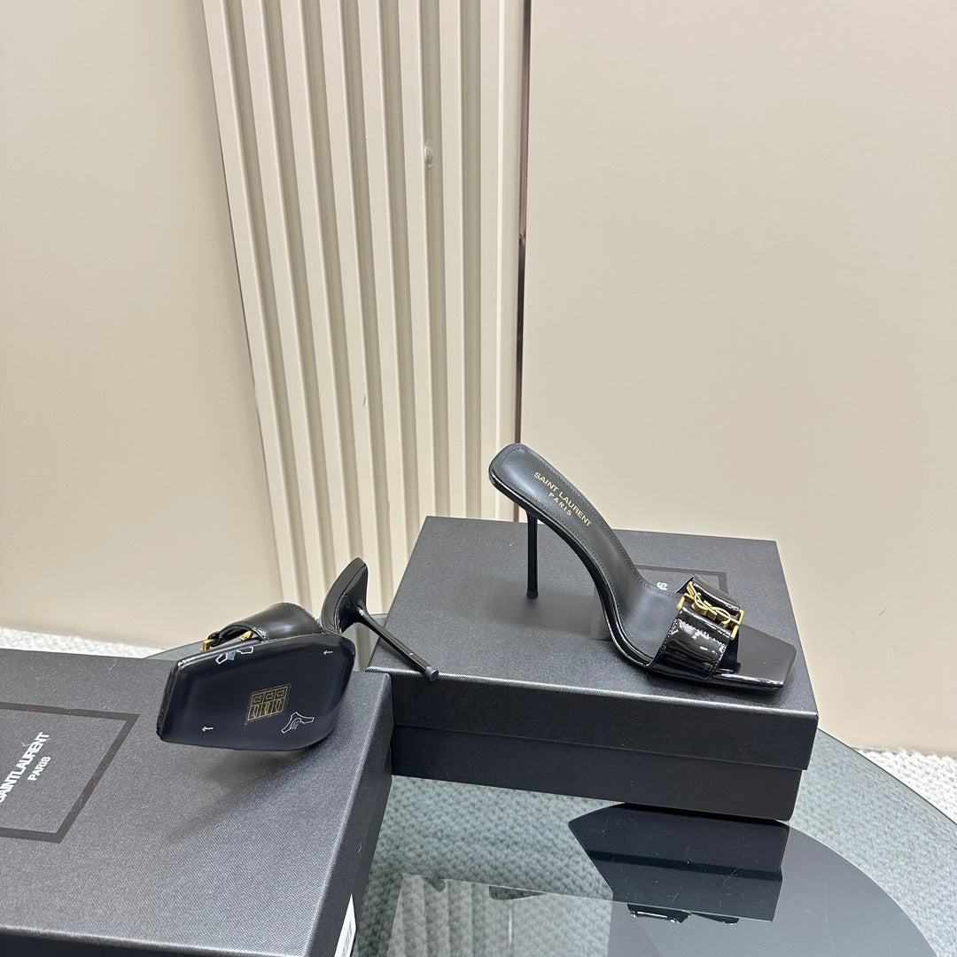 SL BABYLONE SLIDE PUMPS 115 BLACK POLISHED CALFSKIN
