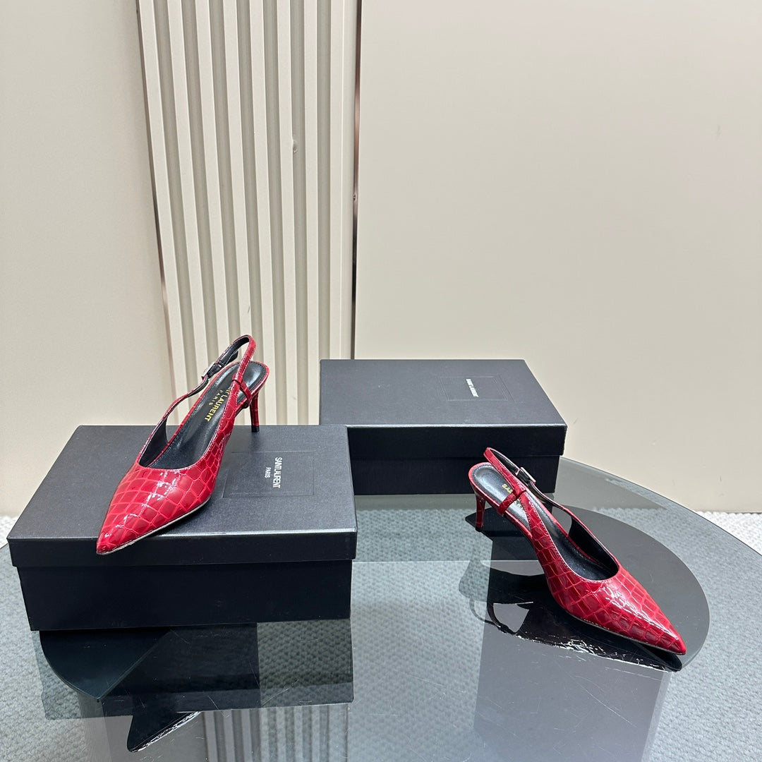 SL TRAPEZE CROCODILE MOTIF SLINGBACK PUMP RED CALFSKIN