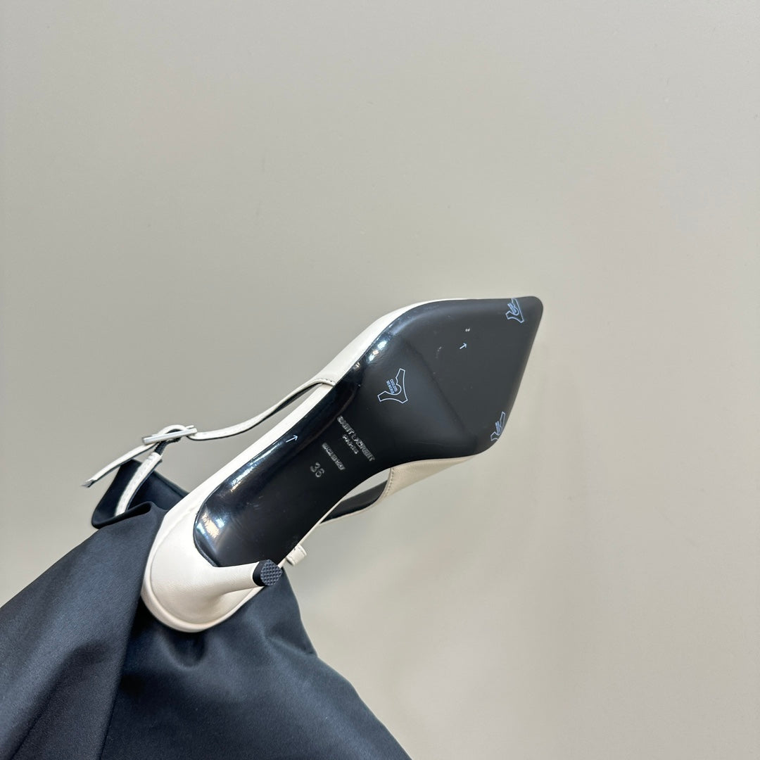 SL TRAPEZE HEEL SLINGBACK PUMP WHITE CALFSKIN