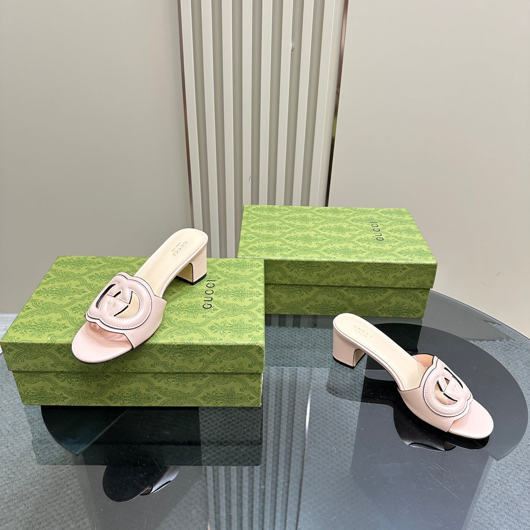 MID-HEEL 5 CM MULE IN LIGHT PINK CALFSKIN