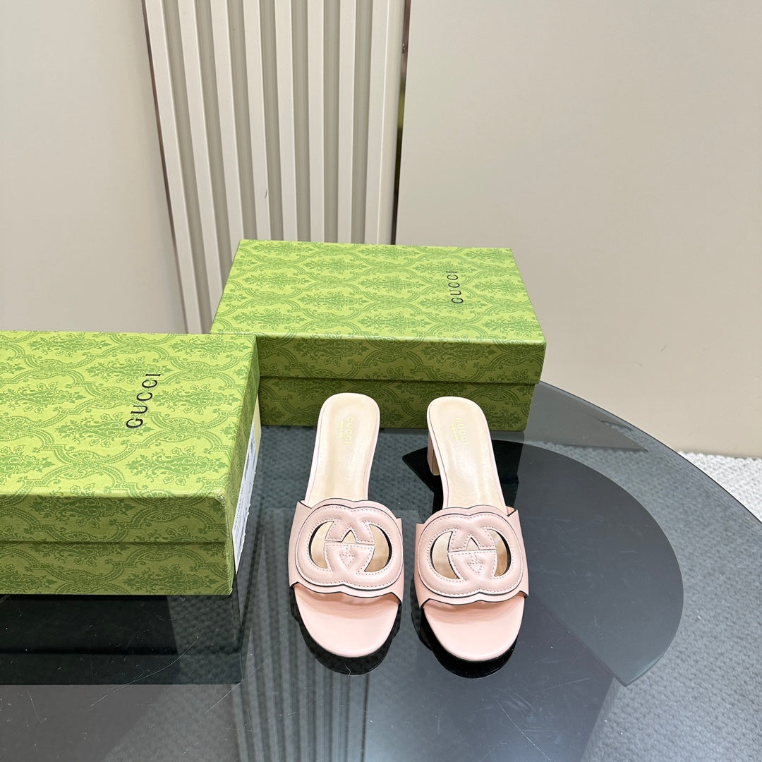 MID-HEEL 5 CM MULE IN LIGHT PINK CALFSKIN
