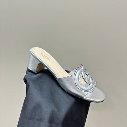 MID-HEEL 5 CM MULE IN SILVER CALFSKIN