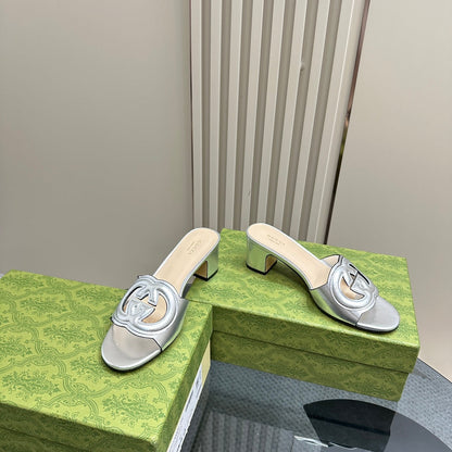 MID-HEEL 5 CM MULE IN SILVER CALFSKIN