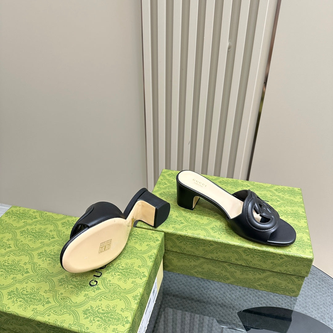 MID-HEEL 5 CM MULE IN BLACK CALFSKIN