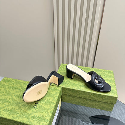 MID-HEEL 5 CM MULE IN BLACK CALFSKIN