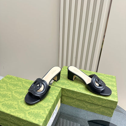 MID-HEEL 5 CM MULE IN BLACK CALFSKIN