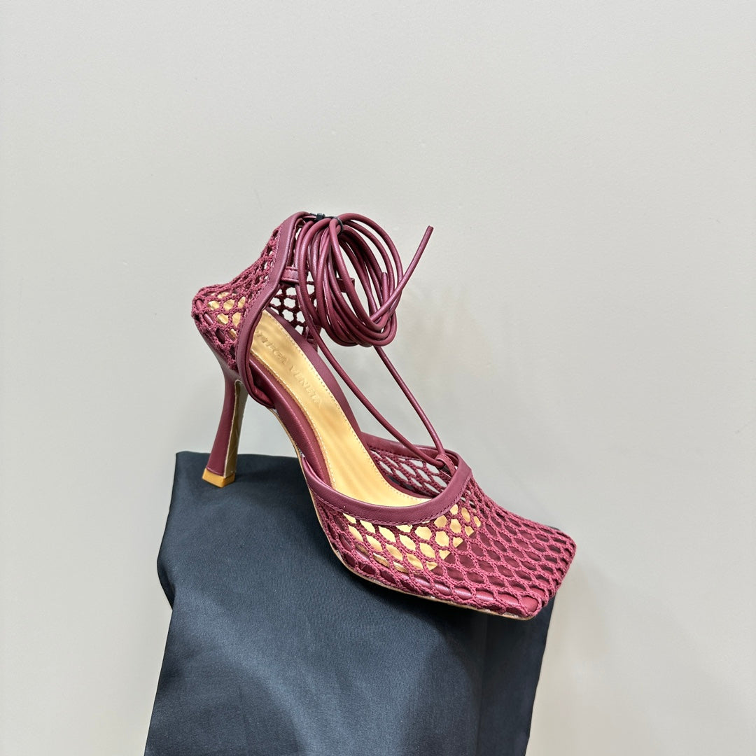 STRETCH HIGH HEELS 9 CM IN SANGRIA RED METALLIZE MESH AND LEATHER