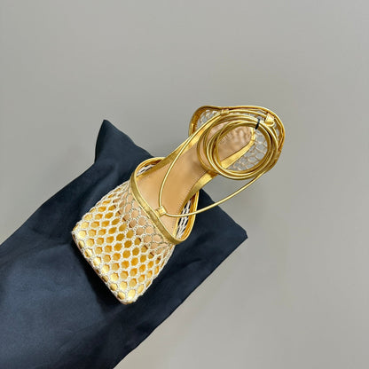 STRETCH HIGH HEELS 9 CM IN GOLD METALLIZE MESH AND LEATHER