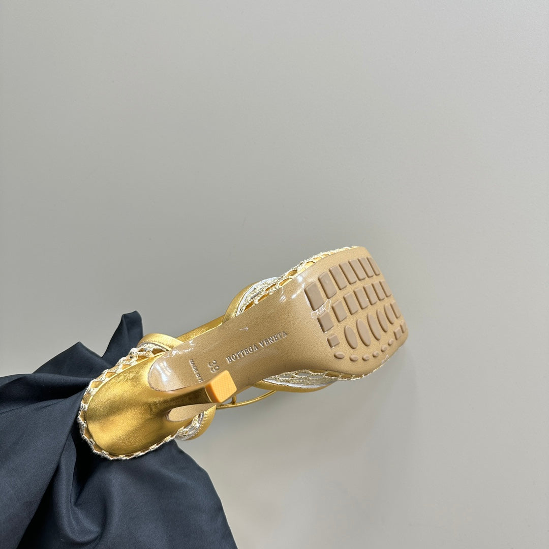 STRETCH HIGH HEELS 9 CM IN GOLD METALLIZE MESH AND LEATHER